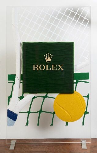 4 · ROLEX: A decorative Rolex acrylic point of sale tennis themed panel on metal feet, 82cm high, 50cm wide