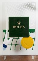 ROLEX: A decorative Rolex acrylic point of sale tennis themed panel on metal feet, 82cm high, 50cm wide