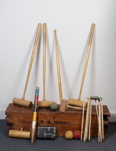 94 · CROQUET SET: An antique croquet set in timber box, box 110cm long, 26cm wide, 26cm high