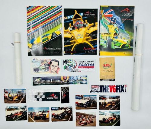 181 · AUSTRALIAN OPEN WHEELERS: Three race programmes for the Sydney round of the A1GP (2005, 07, 08) together with two posters and a group of stickers and photos. [Location: Sydney]