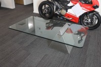COFFEE TABLE: A totally unique decorative modern Ital Design glass and metal cantilevered coffee table, glass height 35cm, 166cm long, 90.5cm wide, 1.8cm glass thickness - 5