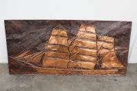 PRESSED COPPER: Two pressed copper wall art pieces, one maritime and other rustic homestead, largest 54cm high, 117cm wide - 2