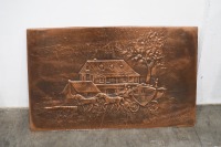 PRESSED COPPER: Two pressed copper wall art pieces, one maritime and other rustic homestead, largest 54cm high, 117cm wide - 4