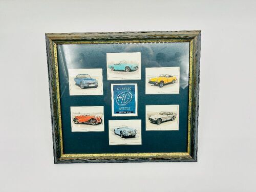 202 · MG: A framed collection of six MG classic car cards, 32cm high, 36cm wide [Location: Sydney]