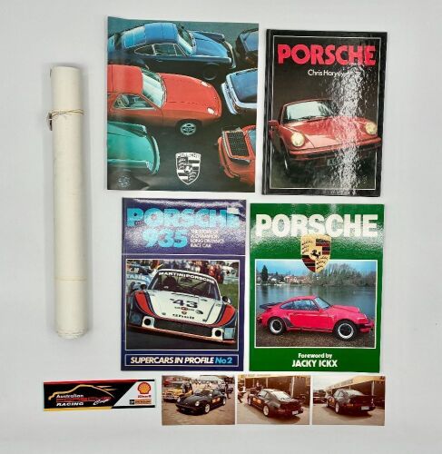 PORSCHE: A sales brochure featuring 924, 928, 911 SC and Turbo models together three books, stickers, photos and a poster [Location: Sydney]