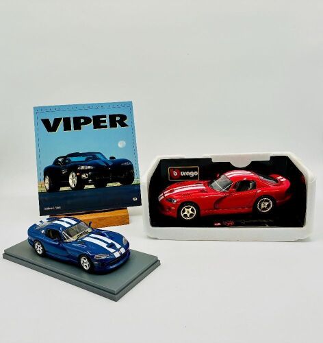 213 · DODGE VIPER: Two Bburago models of the Viper GTS, one in 1:18 scale and the other in 1:24 scale together with a softcover book, 'Enthusiast Colour Series: Viper' by Matthew L. Stone [Location: Sydney]