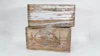 EXPLOSIVES: Two vintage timber Explosive boxes, stamped with 'Alfred Nobel', each measure approx 51cm wide. 26cm deep, 27cm high