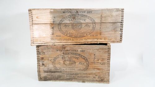 EXPLOSIVE BOXES: Two vintage timber 'Alfred Nobel' explosive boxes, largest measures 64cm wide, 26cm deep, 25cm high