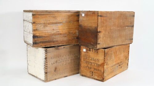 TIMBER BOXES: Four vintage timber boxes as used for explosives or hardware, each of similar size, approx 40cm wide, 25cm deep, 25cm high each