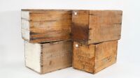 TIMBER BOXES: Four vintage timber boxes as used for explosives or hardware, each of similar size, approx 40cm wide, 25cm deep, 25cm high each