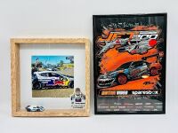 MAD MIKE WHIDDETT: A framed photo of Mad Mike's Mazda 3 and a framed Motive Video poster [Location: Sydney]