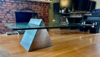 COFFEE TABLE: A totally unique decorative modern Ital Design glass and metal cantilevered coffee table, glass height 35cm, 166cm long, 90.5cm wide, 1.8cm glass thickness - 9