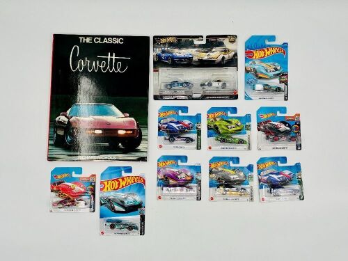 231 · CORVETTE: A hardcover book, 'The Classic Corvette' by Richard Nichols together with a 2 model Hot Wheel set and nine Hot Wheels Corvette 1:68 scale models [Location: Sydney]