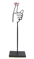 "SHUSH": A 4mm steel rod, hand cut, bent and welded sculpture titled "Shush." by renowed Australian Artist Terry Lawrie, mounted to timber base 56cm high