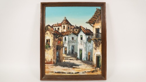 PAINTING: A painting of a Spanish Village / Street Scene, believed to be oil on board, framed, measures 50.5cm high, 42.5cm wide overall
