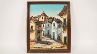 PAINTING: A painting of a Spanish Village / Street Scene, believed to be oil on board, framed, measures 50.5cm high, 42.5cm wide overall