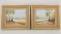 LEHENY: Two small oil on canvas panel paintings by Bill Leheny titled 'Sun in the afternoon' Healsville, 1982. Each measures 30cm high, 35cm wide overall