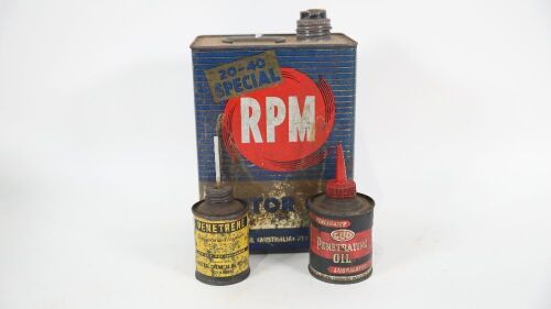TINS: Three tins, including Caltex RPM Motor Oil, one imperial gallon tin, a Penetrene 6oz oiler, and a GUD Penetrating Oiler 6oz.