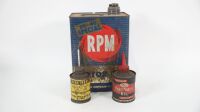 TINS: Three tins, including Caltex RPM Motor Oil, one imperial gallon tin, a Penetrene 6oz oiler, and a GUD Penetrating Oiler 6oz.
