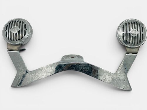 LUCAS HORNS: A pair of Lucas New Alto horns mounted on a chrome bar
