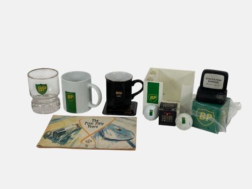 BP: A group of BP branded cups, including the BP House Melbourne Central cup and coaster given to Staff only