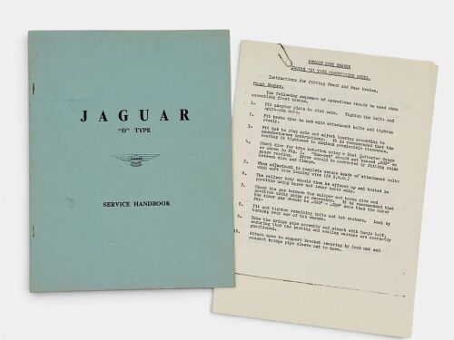 JAGUAR: A Service Handbook for the "D" Type, 55-pages in very good condition together with a 13-page document on fitting Dunlop disc brakes to “D” type competition model