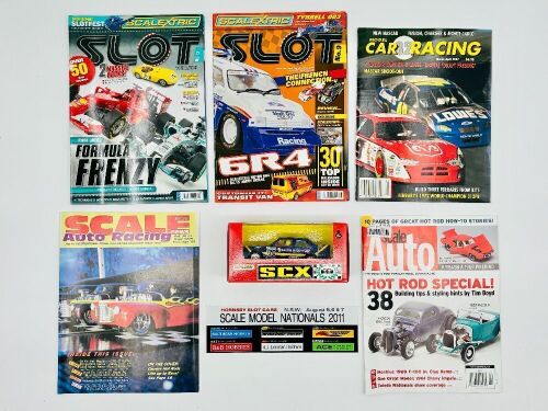 SLOT CARS: Five magazines featuring slot cars and models together with a 1:32 scale SCX/Matchbox BMW E30 M3 and a sticker [Location: Sydney]