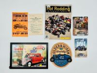 HOT RODS: Two National Hot Rod Show programmes together with a framed poster, an 'Older & Wiser Speed Shop' decorative plaque, two Hot Wheels models and Issue 13 of Hot Rodding International [Location: Sydney]