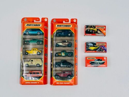 MATCHBOX: Thirteen 1:64 scale Matchbox hot rods and muscle cars including two 5-car model packs and 3 individual models [Location: Sydney]