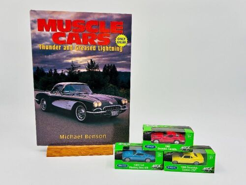 250 · MUSCLE CARS: A hardcover book, 'Muscle Cars: Thunder and Greased Lightning' by Michael Benson together with three Welly 1:64 scale models [Location: Sydney]