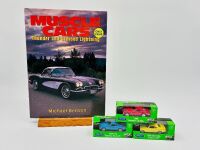 MUSCLE CARS: A hardcover book, 'Muscle Cars: Thunder and Greased Lightning' by Michael Benson together with three Welly 1:64 scale models [Location: Sydney]