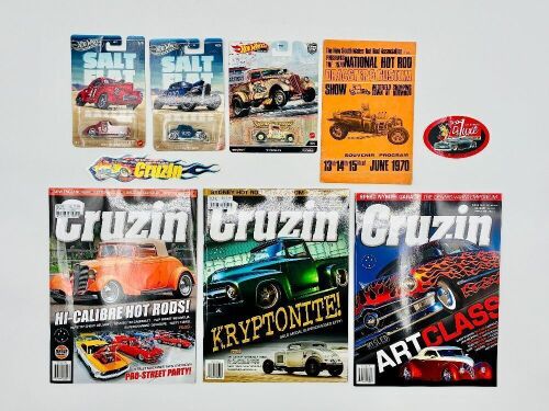 253 · HOT RODS: A programme for the '1970 National Hot Rod, Dragster and Custom show' together with 3 issues of 'Cruzin' magazine and three Hot Wheels models [Location: Sydney]