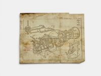 FERRARI: A Ferrari 225 Sport engine assembly diagram, single page for 0160ED, together with a framed colour photograph of that car at Pebble Beach with Kerry Manolas in 1984, 85cm x 61cm