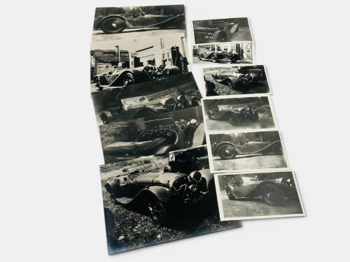 401 · JAGUAR SS100: A collection of black and white photographs of chassis 18123, together with a pair of framed colour photographs of the car at the 1988 Mille Miglia, 30cm x 20cm