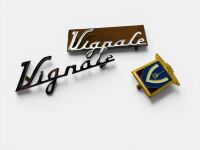 VIGNALE: A pair of chrome badges with mounts, approx. 7cm wide together with a single enamel badge, approx. 3cm high x 2cm wide