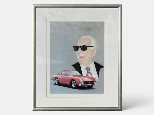100 · FERRARI: A glazed and framed limited edition print by Steffen Imhof depicting Enzo Ferrari and the 250 GT Lusso, numbered 7/350 and signed by the artist, 67cm x 80cm