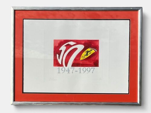 FERRARI: A glazed and framed print by Enzo Naso '1947-1997' numbered 14/130 and signed by the artist to Kerry Manolas, 70cm x 50cm