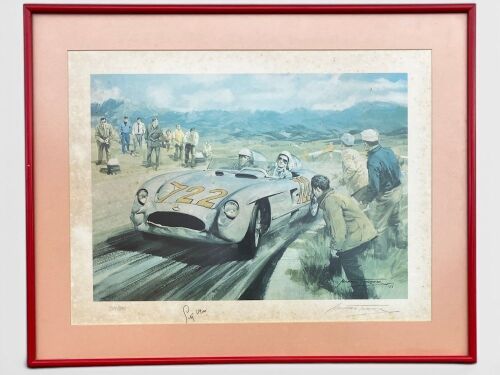 MILLE MIGLIA: A Limited Edition framed print by artist Michael Turner depicting Stirling Moss and Denis Jenkinson winning the 1955 Mille Miglia, signed by Moss, Jenkinson and the artist, numbered 207/260, 62cm x 50cm