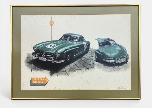 334 · MERCEDES-BENZ: A framed painting of the 300 SL 'Gullwing' formerly owned by Kerry Manolas signed by artist Greg McNeill and dated 1986, 84cm x 61cm together with a small framed colour photograph of the car on the 1984 Mille Miglia and two framed number 158 worn by the car at the event