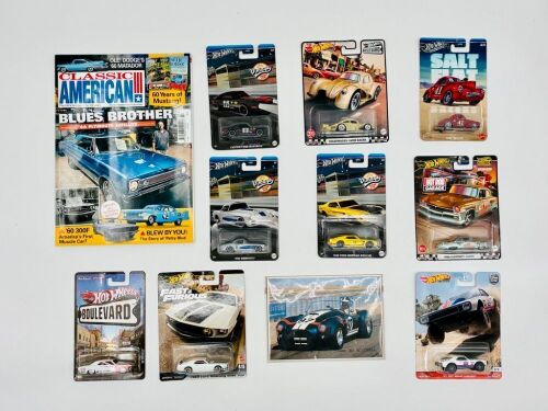 257 · MUSCLE CARS: Nine 1:64 scale Hot Wheels models together with an issue of 'Classic American' magazine and a photo of an AC Cobra [Location: Sydney]