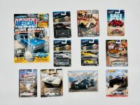 MUSCLE CARS: Nine 1:64 scale Hot Wheels models together with an issue of 'Classic American' magazine and a photo of an AC Cobra [Location: Sydney]