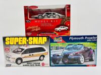 MODEL KITS: Three 1:24/1:25 scale model kits including a Dodge Caravan by Lindberg, a Ford Maverick Grabber by Motor Max and a Plymouth Prowler by Revell [Location: Sydney]