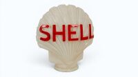 SHELL: A c1930s glass Shell petrol pump/bowser globe top, clam shell shape, comes with bracket for wall mounting