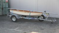 SAIL BOAT: A timber Penguin Class Sail Boat with Dunbier marine trailer, boat complete with sail, oars, and life jackets - 3