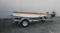 SAIL BOAT: A timber Penguin Class Sail Boat with Dunbier marine trailer, boat complete with sail, oars, and life jackets - 4