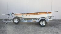 SAIL BOAT: A timber Penguin Class Sail Boat with Dunbier marine trailer, boat complete with sail, oars, and life jackets - 11