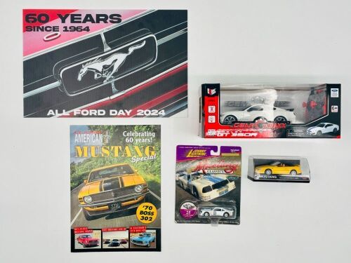 FORD MUSTANG: A group of Mustang items including a 1:26 scale GT350R by Gear Maxx, a 1:43 scale GT Convertible, a 1:68 scale Cobra II Racer and an issue of Classic American Magazine [Location: Sydney]