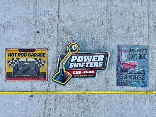 SIGNS: Three signs including a 'Power Shifters Car Club' illuminated plastic sign together with two tin hot rod signs [Location: Sydney]