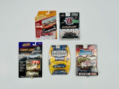 DRAG CARS: Five 1:64 scale models Johnny Lightning, M2 Machines, Muscle Machines and Big Time Muscle/Jada [Location: Sydney]