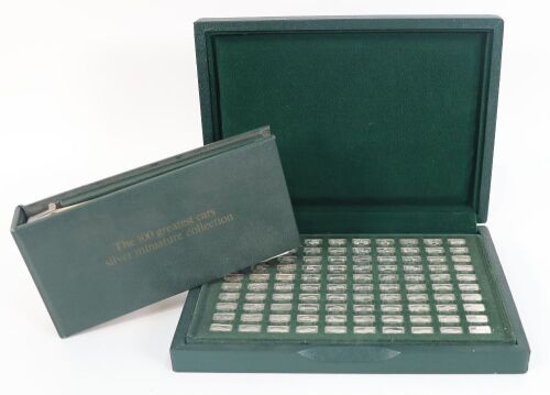 40 · A circa 1970s Sterling Silver miniature collection of ingots titled '100 Great Cars' by Franklin Mint, cased with book